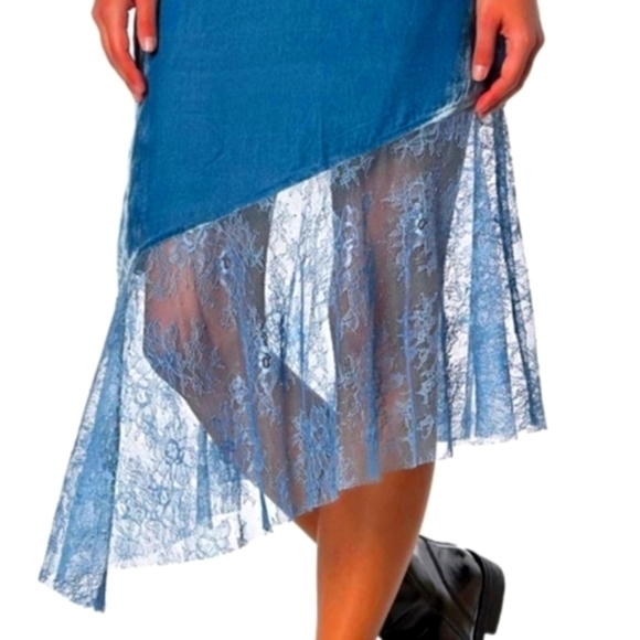 Free People Blue Velvet Skirt – Sheer Lace Hem & Asymmetrical Cut | 2 & 4 | NWT - Picture 5 of 16